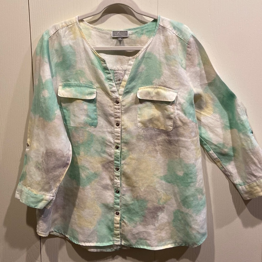 100% Linen Pastel Green & Yellow Tie Dye V Neck Button Down Top Size 14